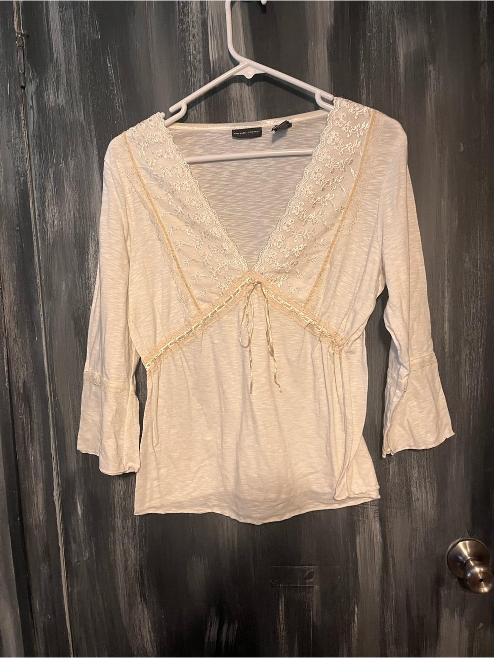 New York & Company Cream Lace-Trim V-Neck Tie-Front Blouse